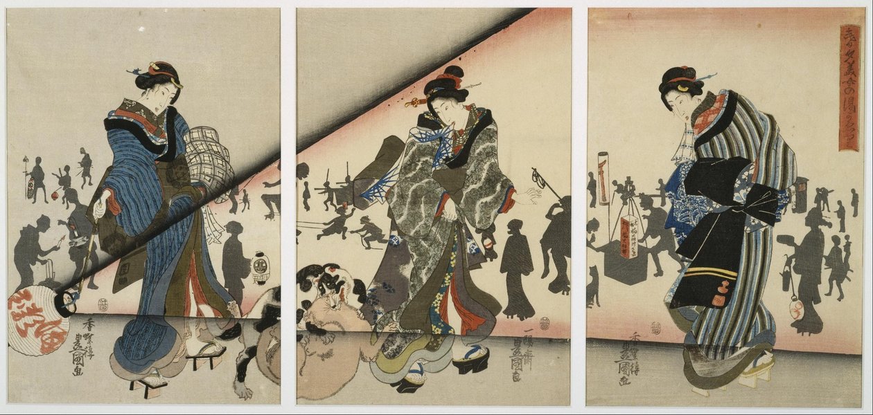 Nattscen med flickor, djur och lyktor av Utagawa Kunisada