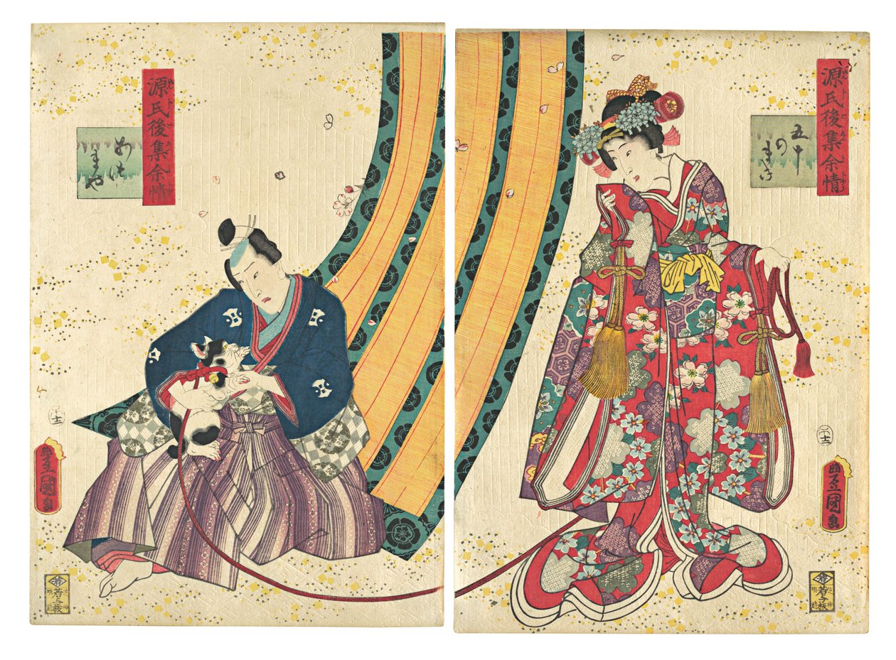 Parodi på den tredje prinsessan och Kashiwagi: "Kapitel 50: A Hut in the Easter..., 1858, andra månaden. av Utagawa Kunisada