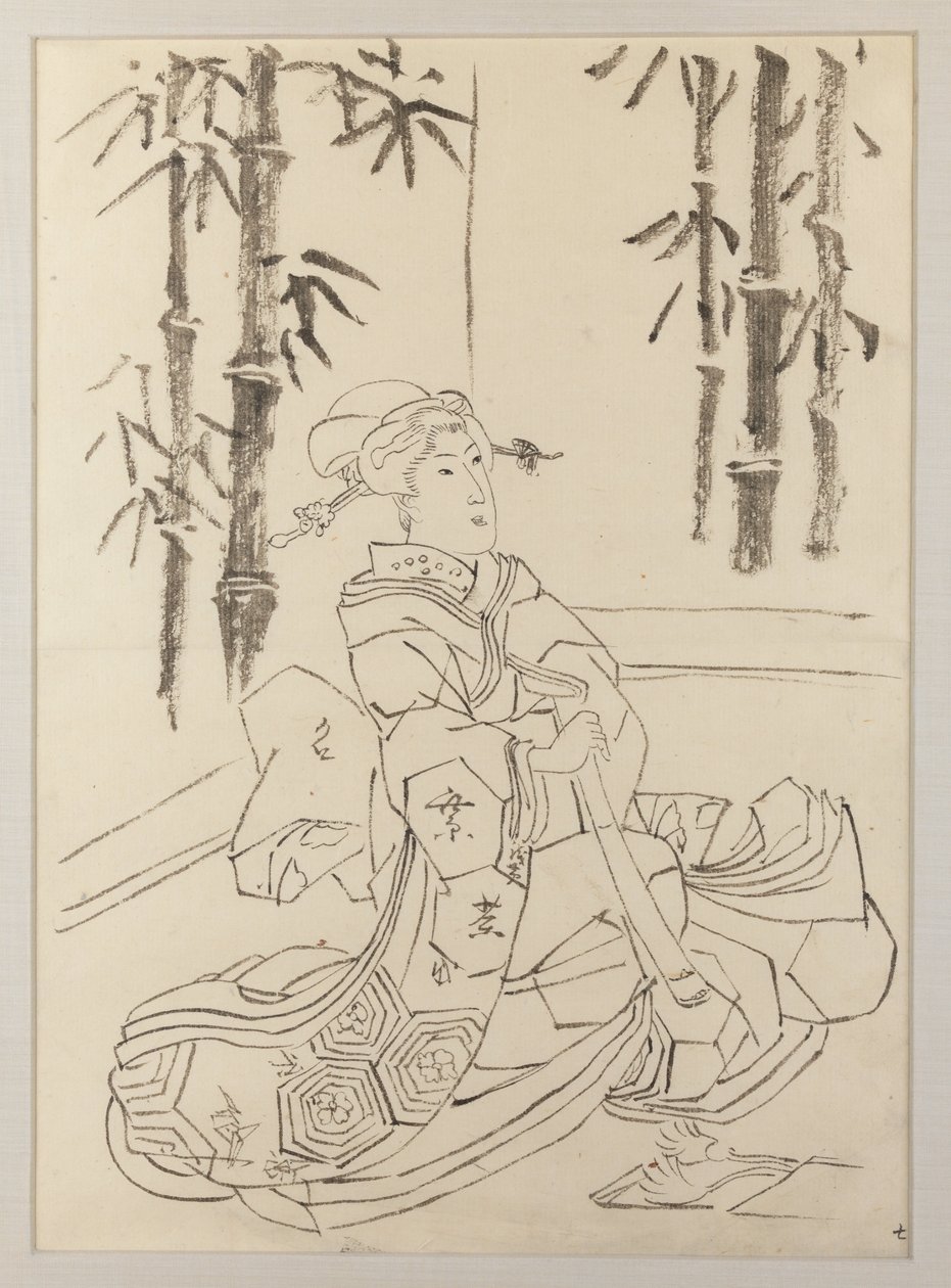 Förberedande teckning för det vänstra bladet i triptyken Elegant instrumentaltrio med flickor av Utagawa Kunisada