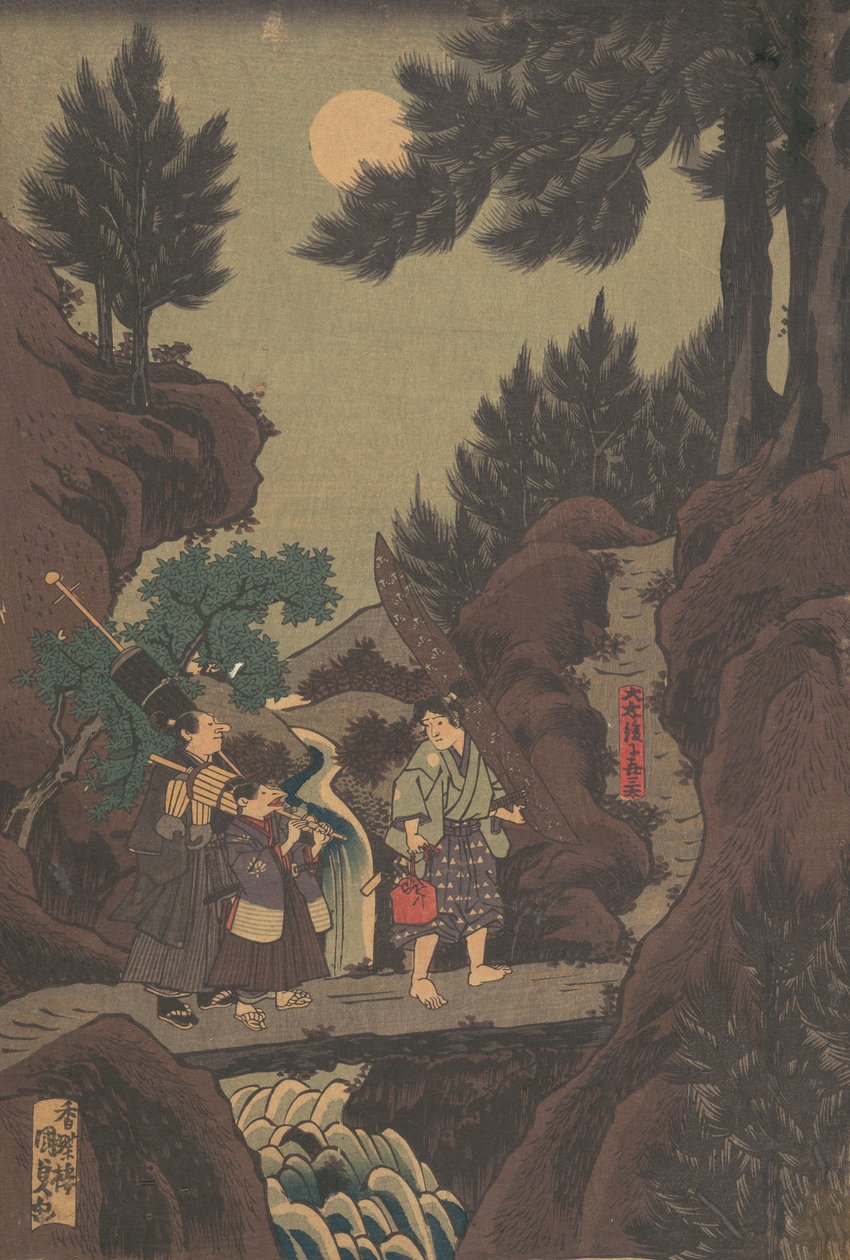 Shanao [Yoshitsune] lär sig kampsport i Sojogatani Shanao Sojogatani ni h..., 1830-talets Tenpô-era. av Utagawa Kunisada