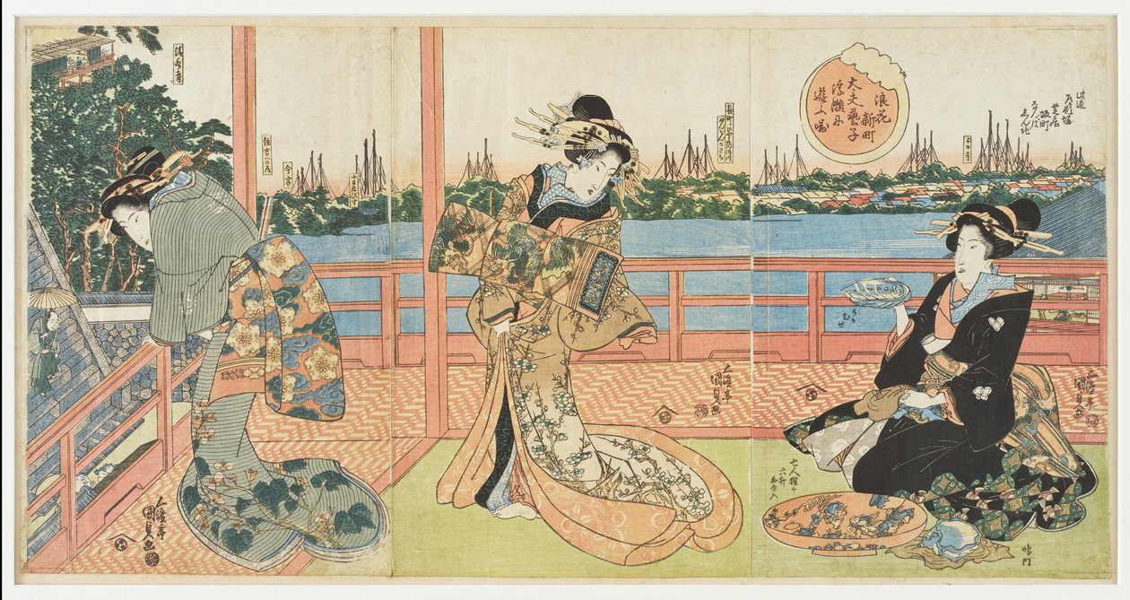 Shinmachi i Osaka: högt uppsatta kurtisaner roar sig på restaurangen Ukamuse, ur serien "Berömda restauranger i provinserna" av Utagawa Kunisada