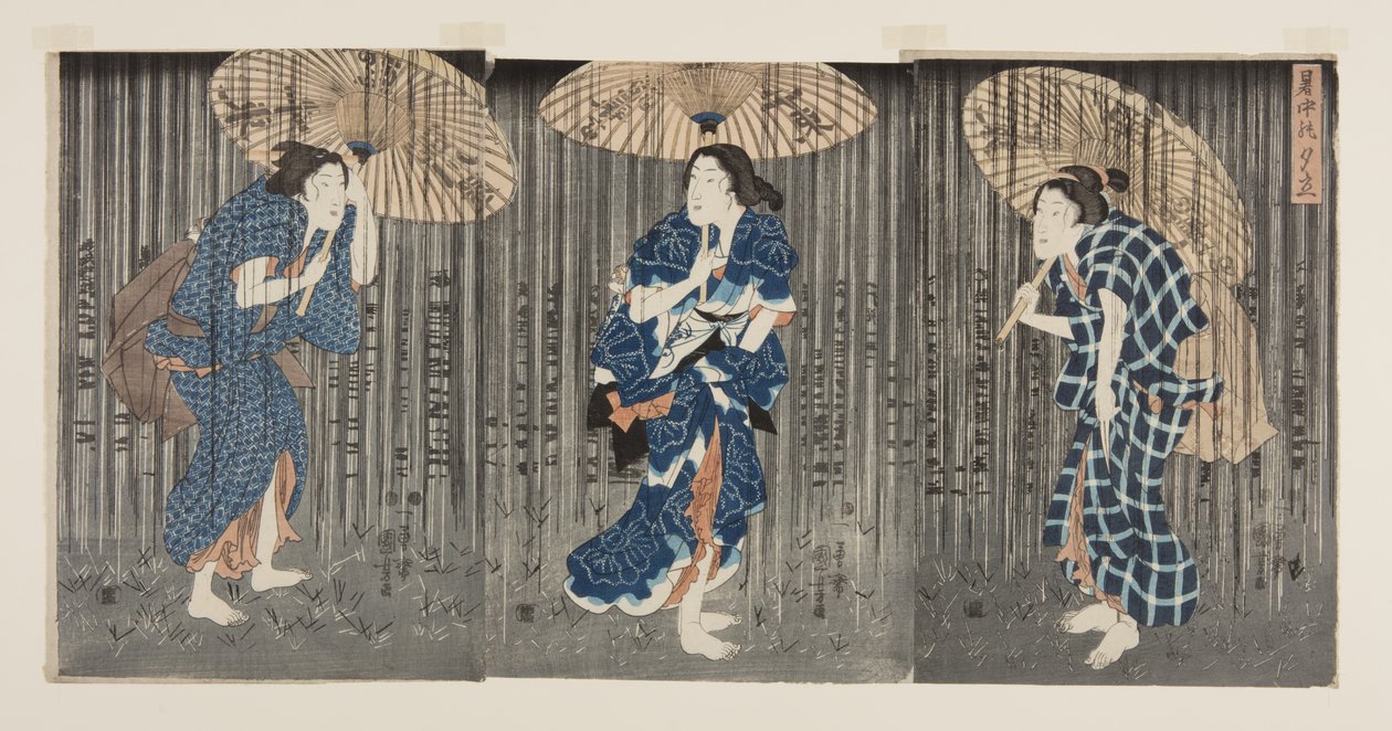 Plötslig dusch i sommarvärmen (Shochu no yudachi) (trätryck i färg) av Utagawa Kunisada