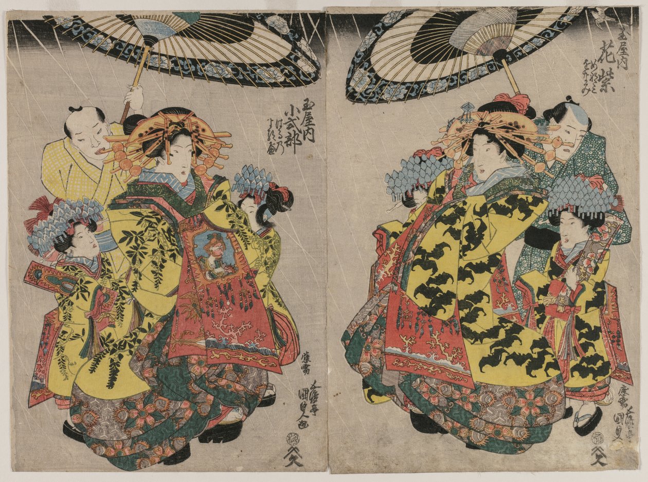 Kurtisanerna Hanamurasaki och Koshikibu från Tamay Proaming in the Rain av Utagawa Kunisada