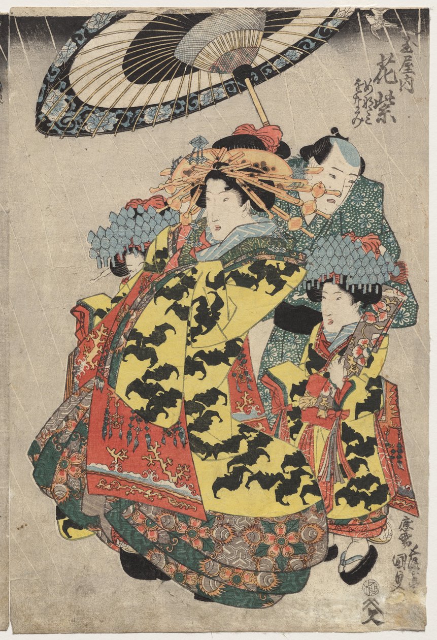 Kurtisanerna Hanamurasaki och Koshikibu från Tamay Proaming in the Rain av Utagawa Kunisada