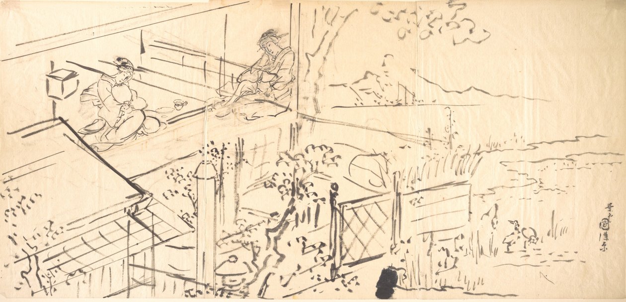 Två kurtisaner som njuter av utsikten från ett tehus av Utagawa Kunisada