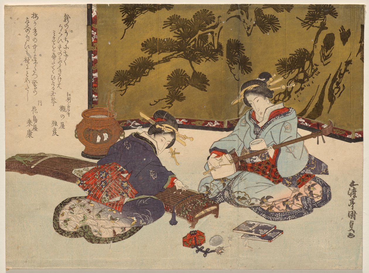 Två kurtisaner som spelar musikinstrument av Utagawa Kunisada