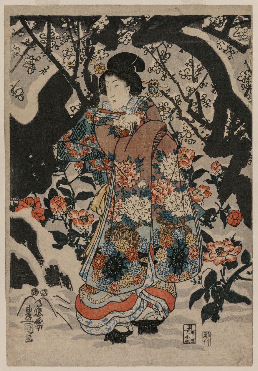 Kvinna som står bredvid ett plommonträd av Utagawa Kunisada