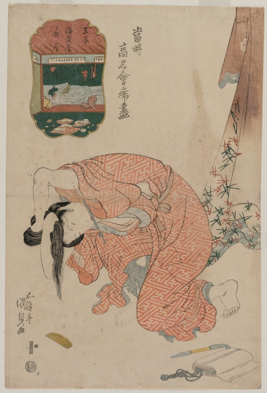Kvinna som knyter upp håret (ur serien ”Dagens berömda restauranger”) av Utagawa Kunisada