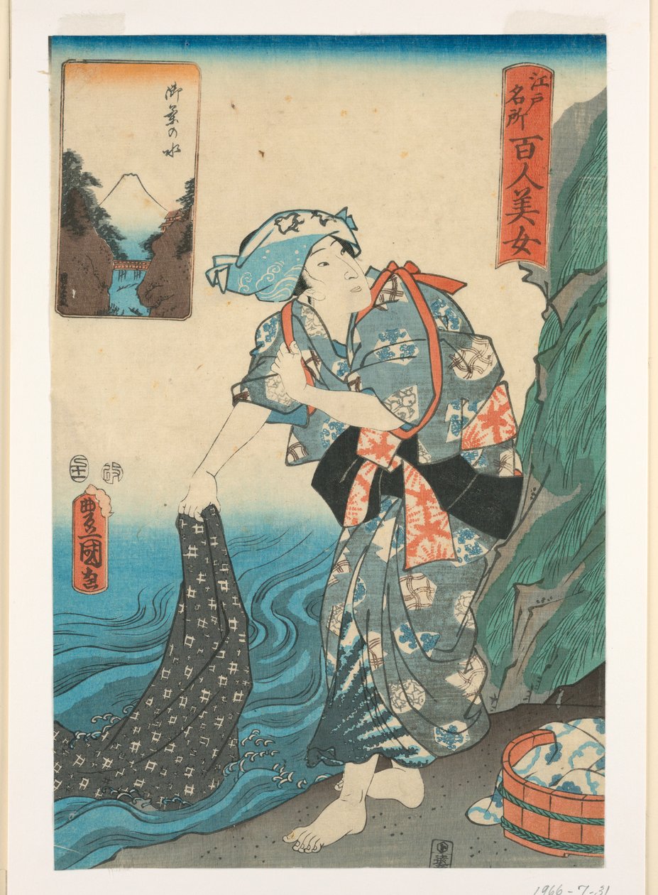 Kvinna som tvättar tyg i en bäck av Utagawa Kunisada