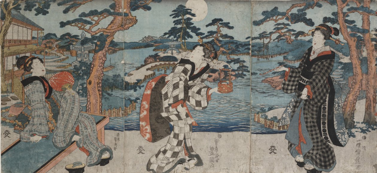 Njut av fritid på en restaurang innan du tar emot kunder, tidigt till mitten av 1800-talet (färgträsnitt (triptyk)) av Utagawa Kunisada III