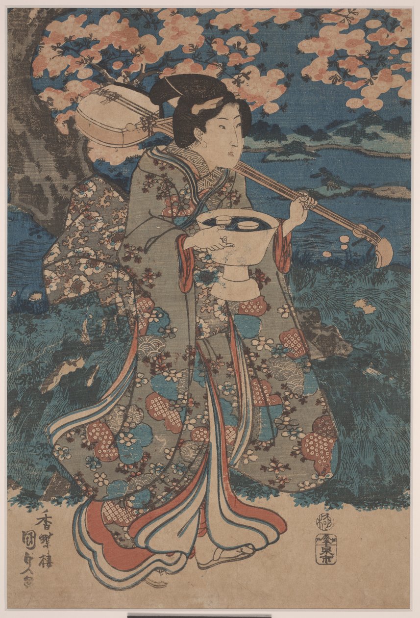 Gå på en visningsfest för körsbärsblommor (träsnitt i färg) av Utagawa Kunisada III