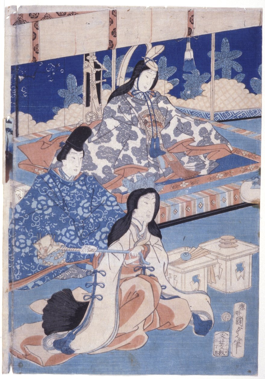Välkomna våren med en samling av blommor (Hana Soroi Haru No Taimen) (träblock i färg) av Utagawa Kunisada II