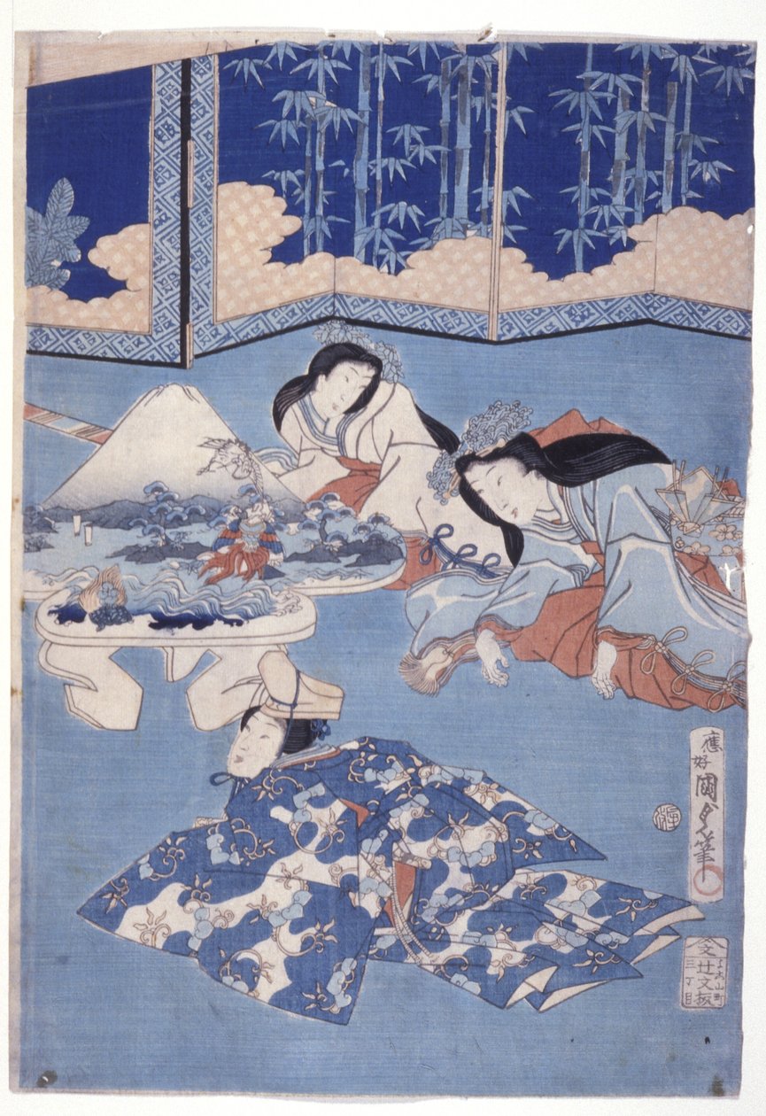 Välkomna våren med en samling av blommor (Hana Soroi Haru No Taimen) (träblock i färg) av Utagawa Kunisada II