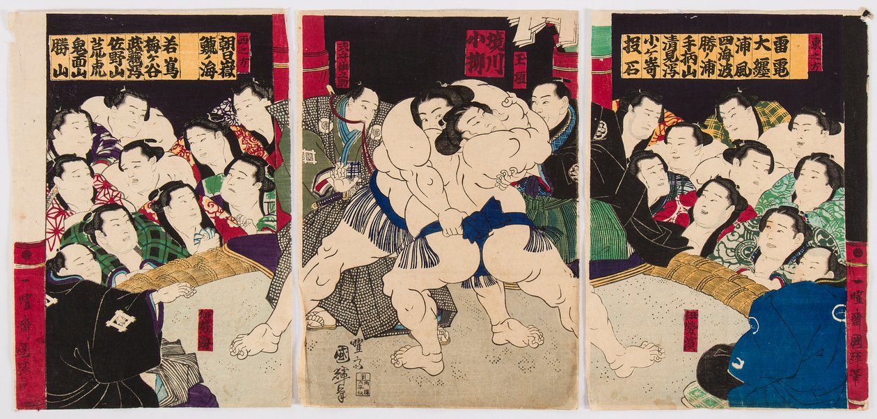Kamp av sumobrottare. Tryck av Utagawa Kuniteru (1808-1876) - Sumobrottare, av Kuniteru, Utagawa (1808-1876). Färg träsnitt. Privat samling av Utagawa Kuniteru