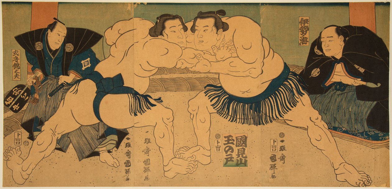 Sumobrottare slåss, Tagasugo mot Ayusegawa. Tryck av Utagawa Kuniteru (1808-1876) av Utagawa Kuniteru