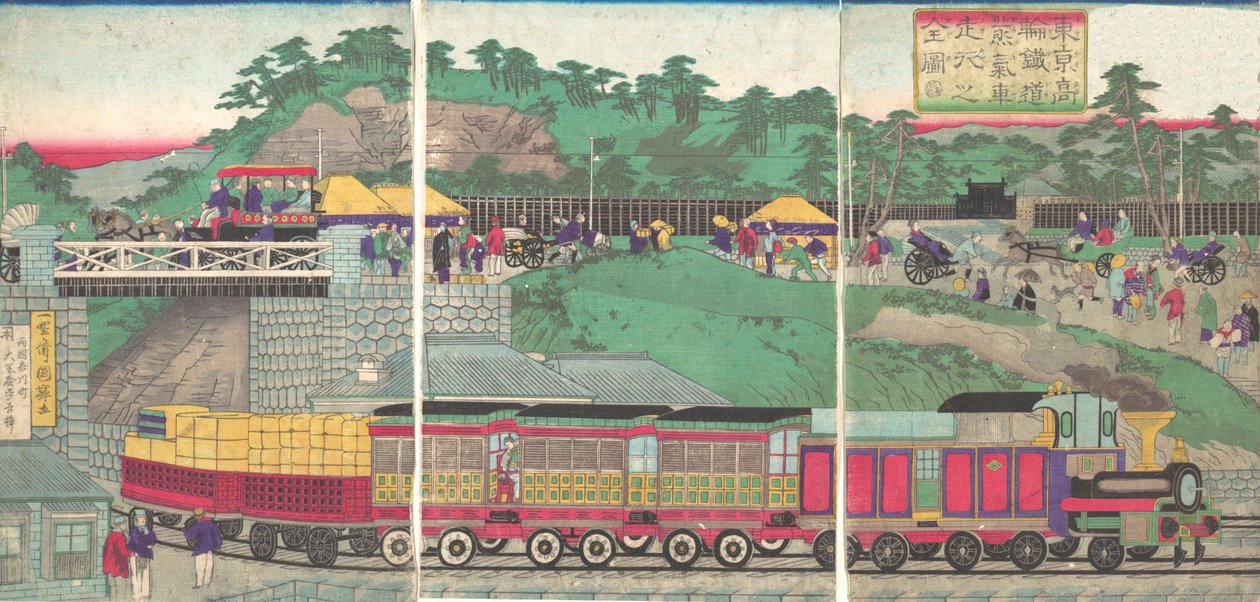 Illustration av ett ånglok som körs på Takanawa Railroad i Tokyo Tokyo ta..., ca. 1873. av Utagawa Kuniteru