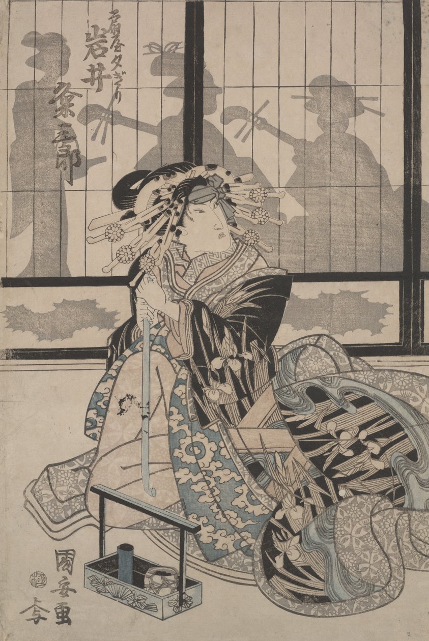 Kumesaburo Iwai som Geisha Yugiri (träsnitt i färg) av Utagawa Kuniyasu