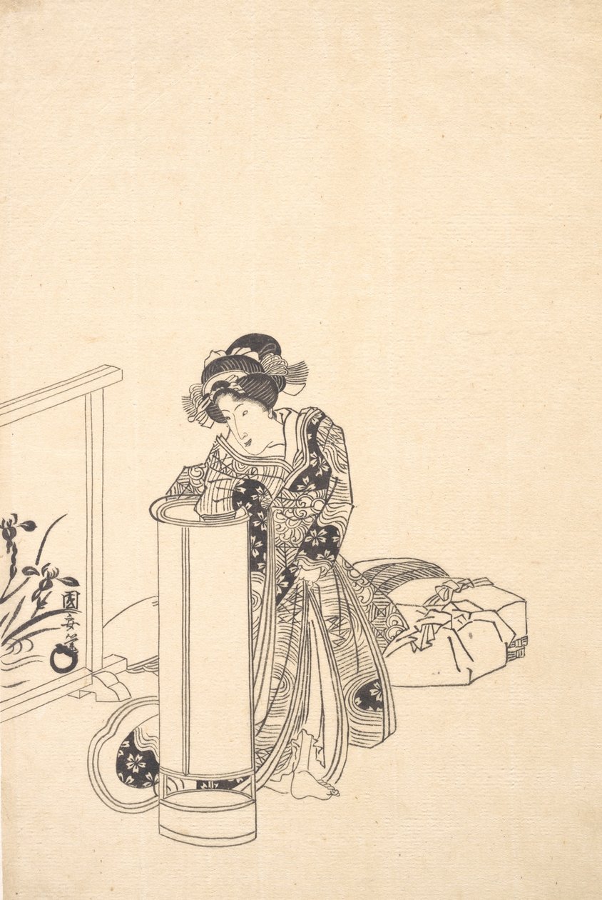 Ung kvinna som lutar sig över en hög lampa. av Utagawa Kuniyasu