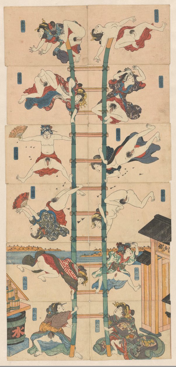 Serie om tolv koban Shunga med prostituerade i rollen som akrobatiska brandmän av Utagawa Kuniyoshi (school of)