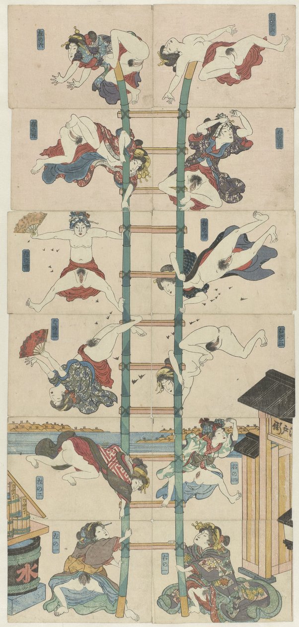 Serie om tolv koban Shunga med prostituerade i rollen som akrobatiska brandmän av Utagawa Kuniyoshi (school of)
