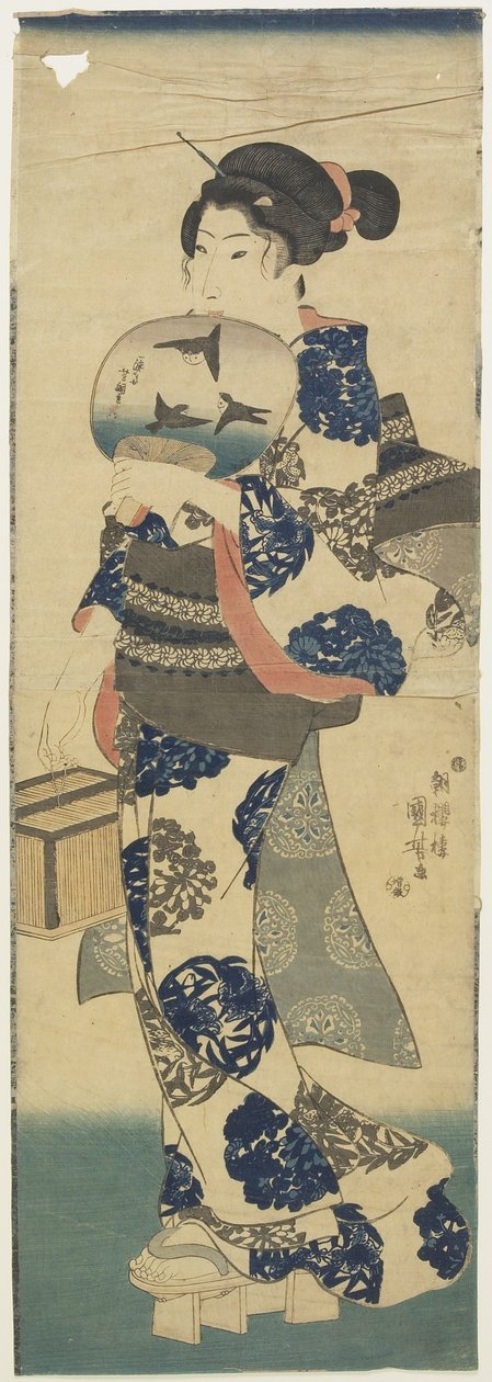 (Kvinna med fläkt och cricketbur), 1843-1847 av Utagawa Kuniyoshi
