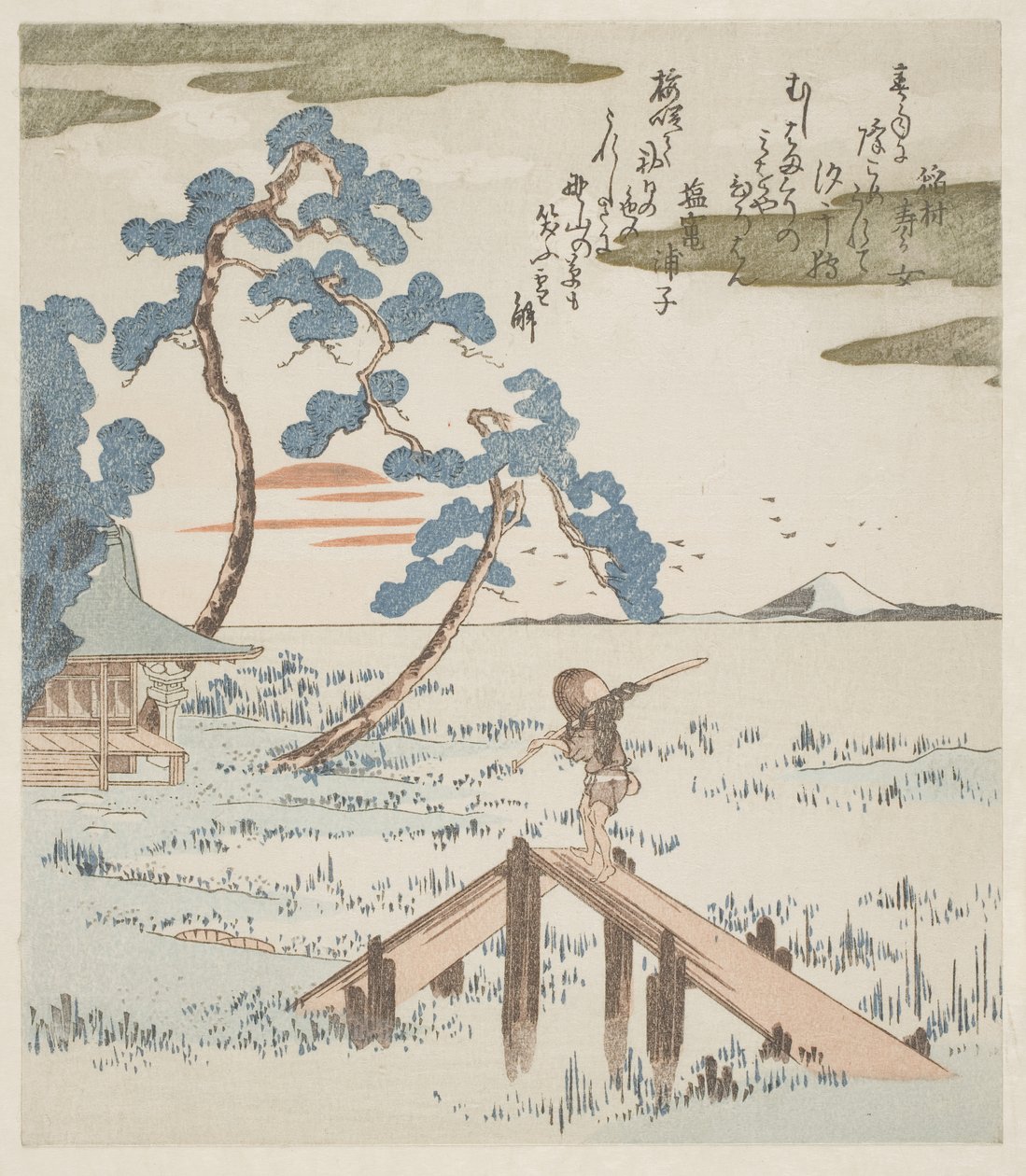 En bonde korsar en gångbro av Utagawa Kuniyoshi