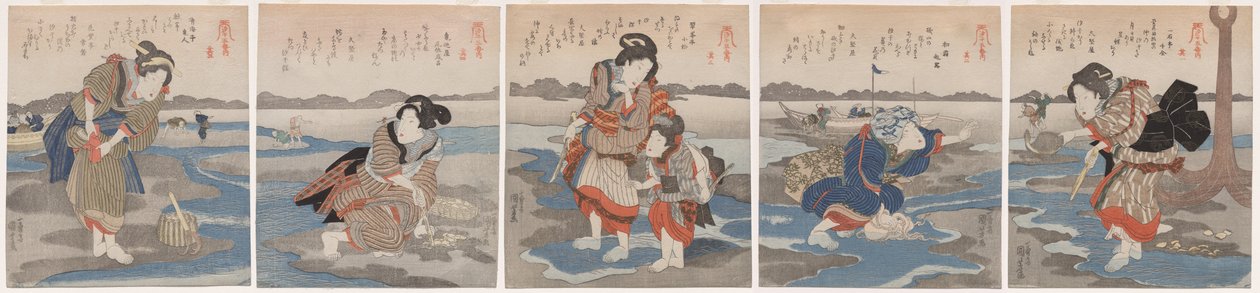 Fem bilder av lågvatten av Utagawa Kuniyoshi