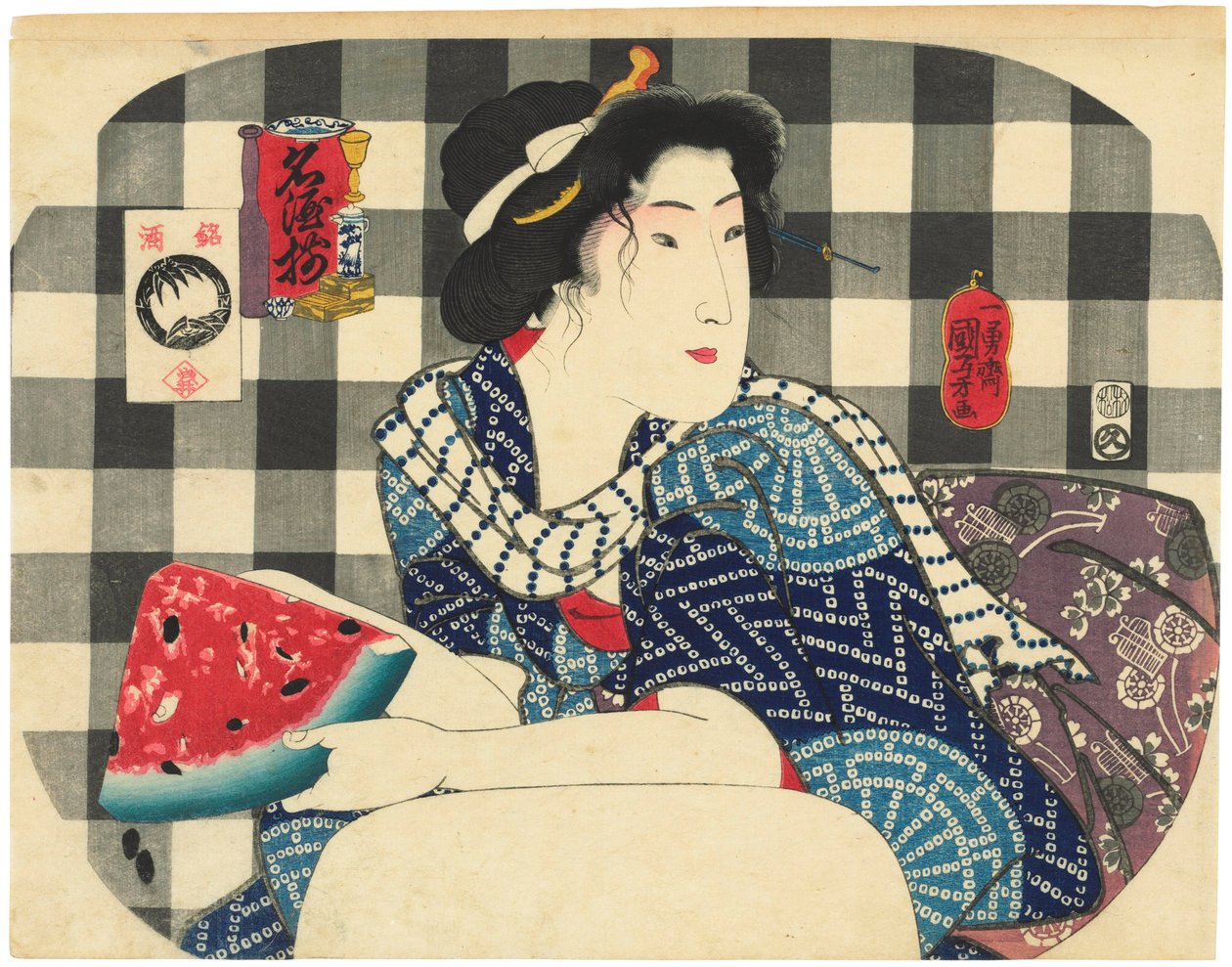 En kvinna som håller en skiva vattenmelon, från serien Famous Brands of Sake (Meishu zoroi) av Utagawa Kuniyoshi