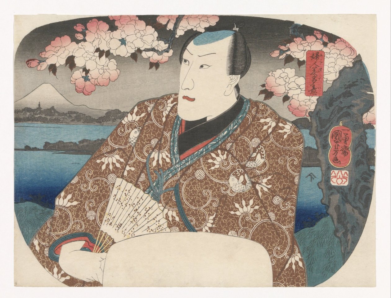 Skådespelare med fläkt under körsbärsblom av Utagawa Kuniyoshi