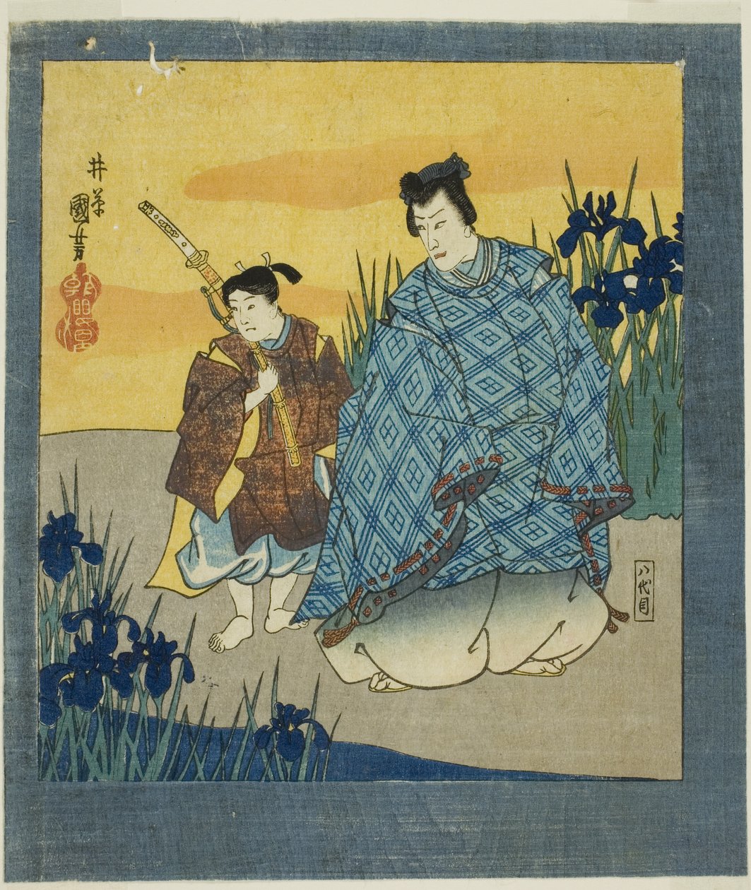 Skådespelaren Ichikawa Danjuro VIII som Narihira på Yatsuhashi från "En sexfaldig skärm med berömda bilder (Meiga rokushi byobu)" av Utagawa Kuniyoshi