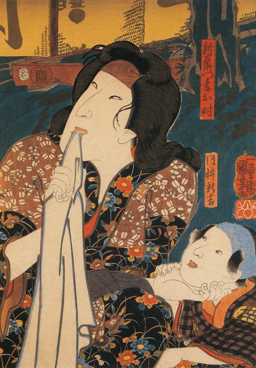 Skådespelare i eftertänksam pose bredvid barnet, av Utagawa Kuniyoshi, träsnitt av Utagawa Kuniyoshi