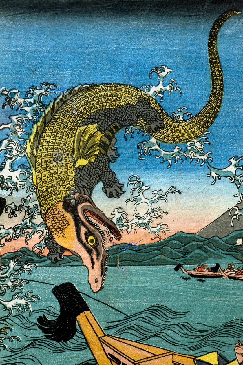 Asahina Yoshihides kamp med två krokodiler i havet utanför Kamakura Kotsubo av Utagawa Kuniyoshi