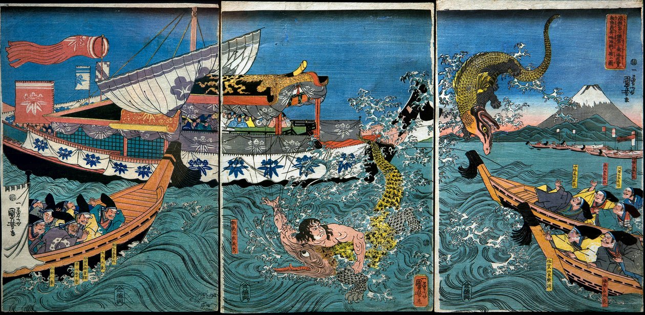 Asahina Yoshihides kamp med två krokodiler i havet utanför Kamakura Kotsubo av Utagawa Kuniyoshi