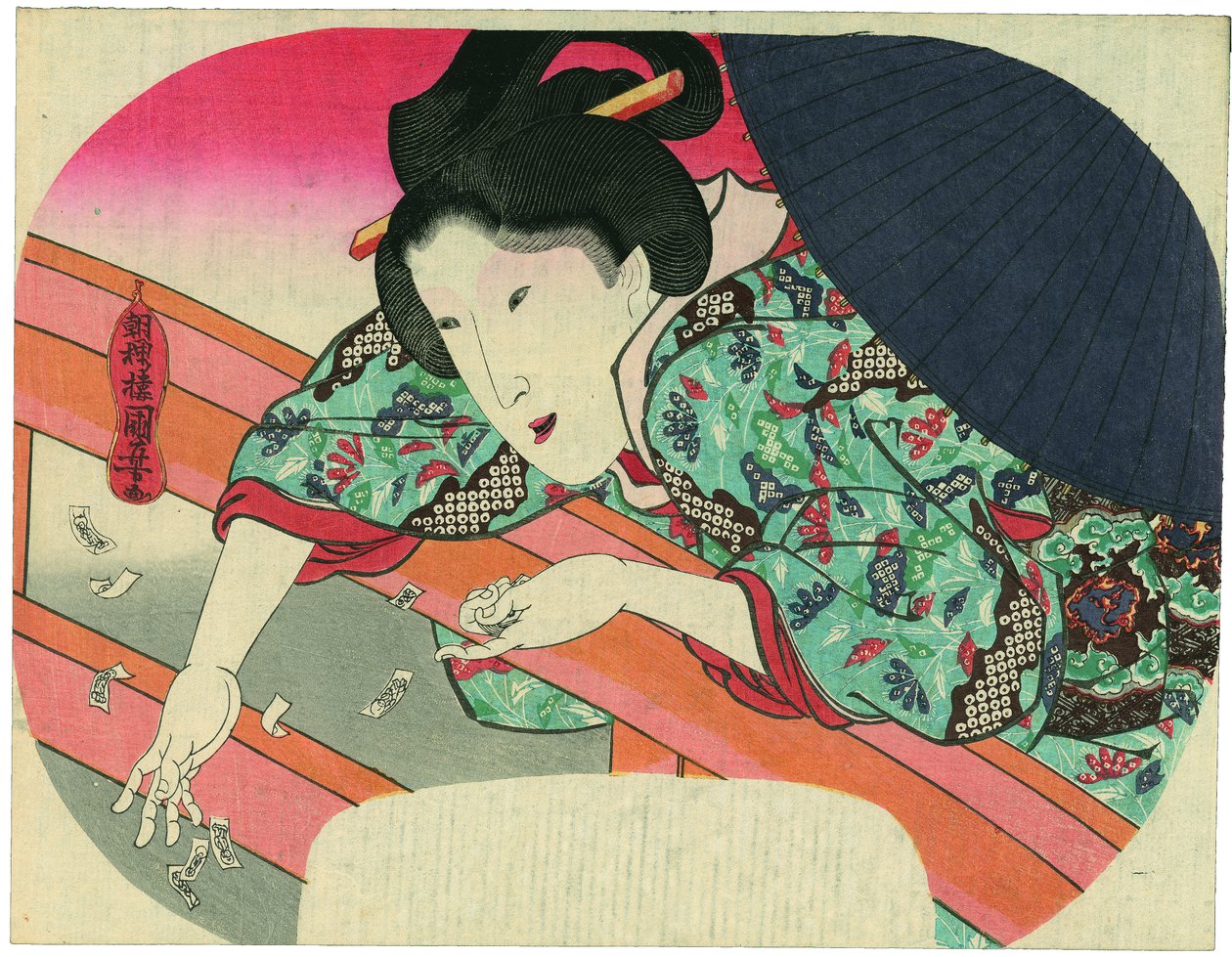En skönhet kastar bönebrev till bodhisattvan Jizō i Sumidafloden för att lugna de drunknades andar av Utagawa Kuniyoshi