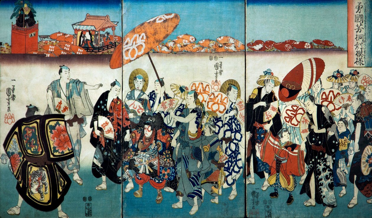 Modig Kuniyoshi med sin Paulownia-design (Isamashiki Kuniyoshi kiri no tsuimoyō) 1848 av Utagawa Kuniyoshi