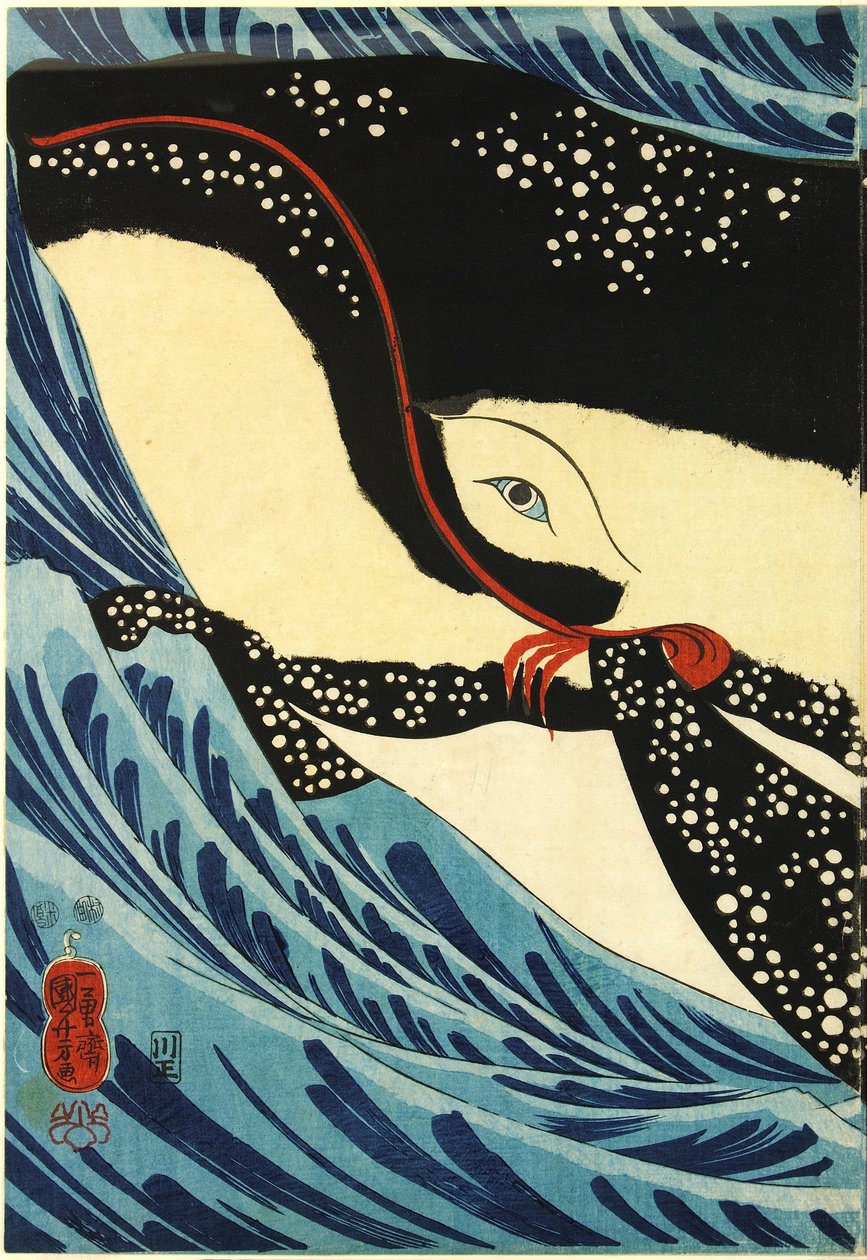 Färgträtryckstriptyk, föreställande den store svärdsmannen Miyamoto Musashi som attackerar en gigantisk val utanför Hizenprovinsens kust: Japan, Edo, av Utagawa Kuniyoshi av Utagawa Kuniyoshi