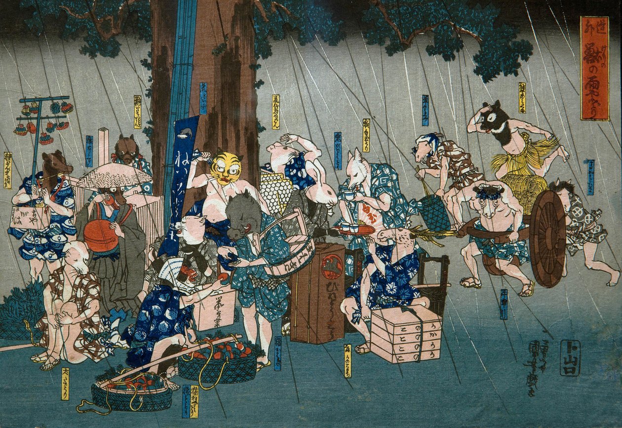 Comic Animals Taking Shelter from Rain (Dōke kemono no amayadori), c.1842 av Utagawa Kuniyoshi