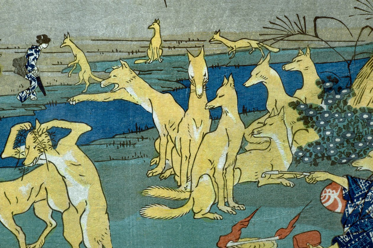 Komiska rävar som övar på att ändra form (Dōke kitsume henge no keiko), ca 1842 av Utagawa Kuniyoshi