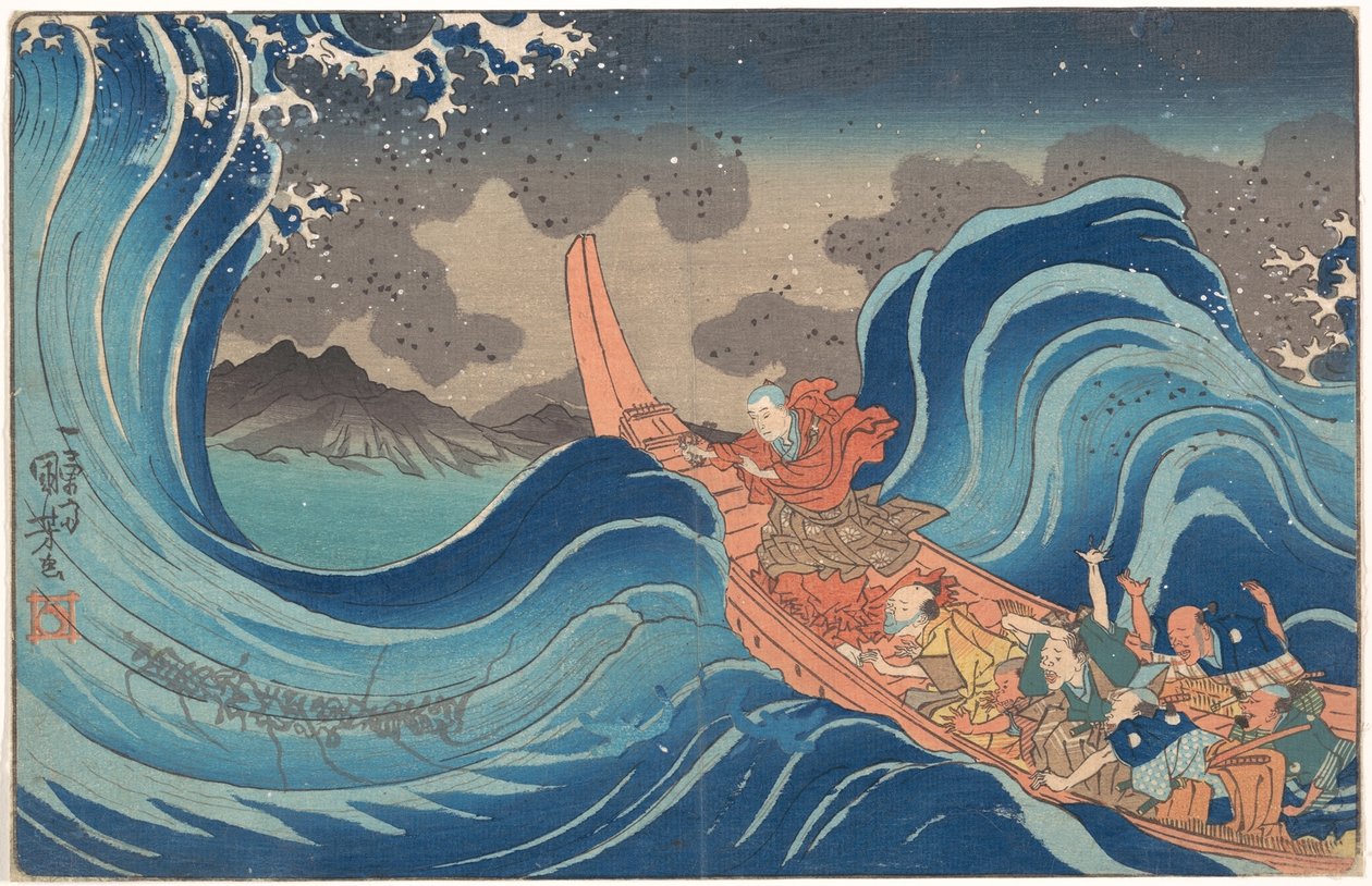 En kortfattad illustrerad biografi över munken Nichiren: Att stilla det stormiga havet vid Tsunoda under exilen på ön Sado av Utagawa Kuniyoshi