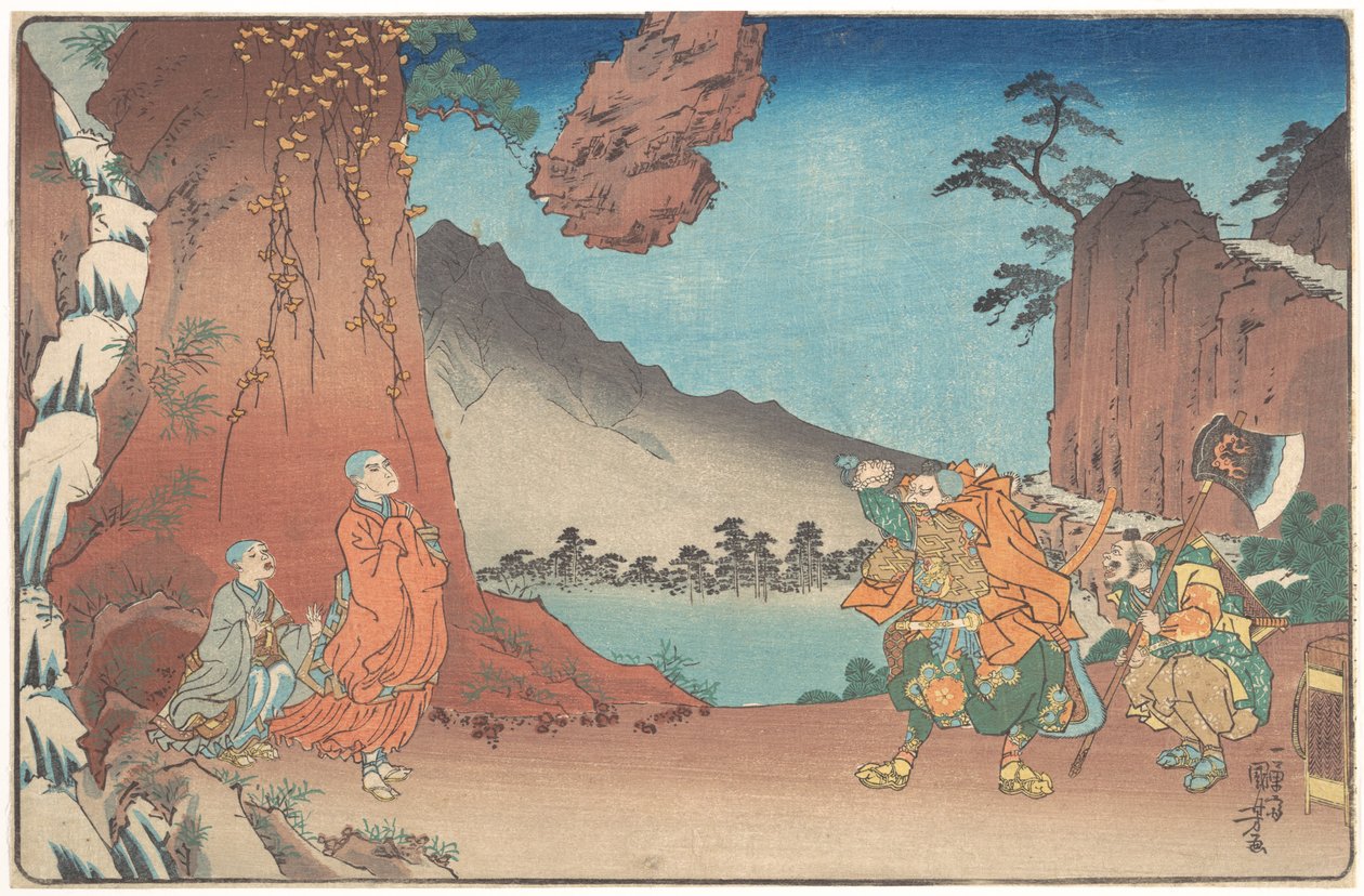 En kortfattad illustrerad biografi över munken Nichiren: En sten som hålls uppe av bönens kraft på berget Komuro av Utagawa Kuniyoshi