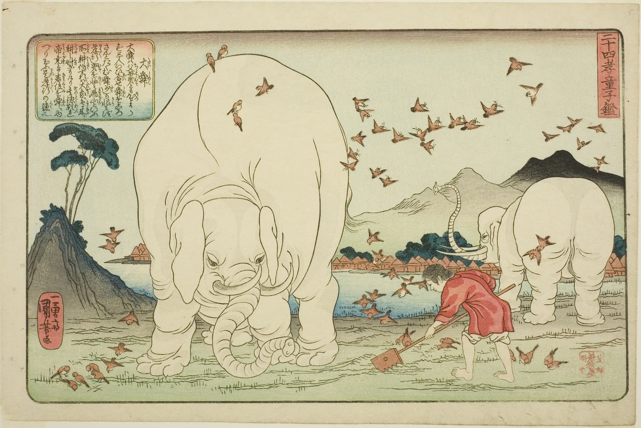 Dashun (Taishun), från serien "Twenty-four Paragons of Filial Piety as a Mirror for Children (Nijushiko doji kagami)" av Utagawa Kuniyoshi