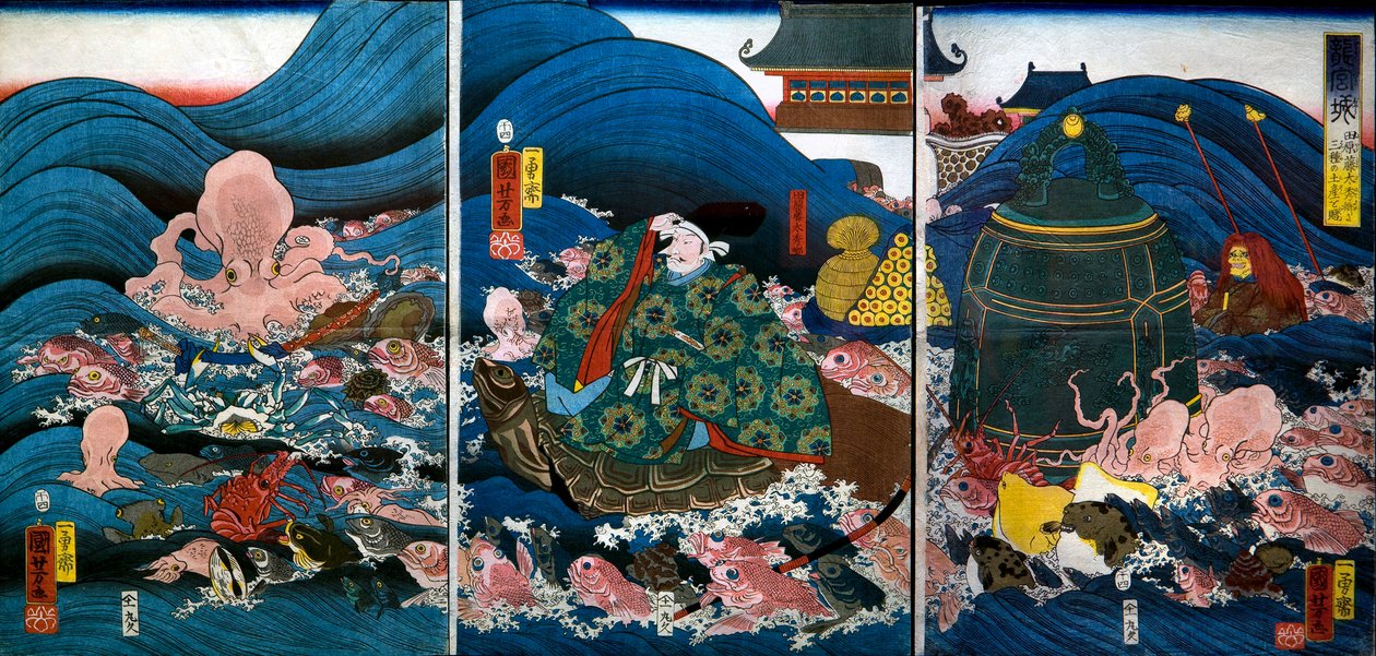Dragon Palace Dragon King presenterar tre gåvor till Tawara Tōda Hidesato (Ryūgūjō av Utagawa Kuniyoshi