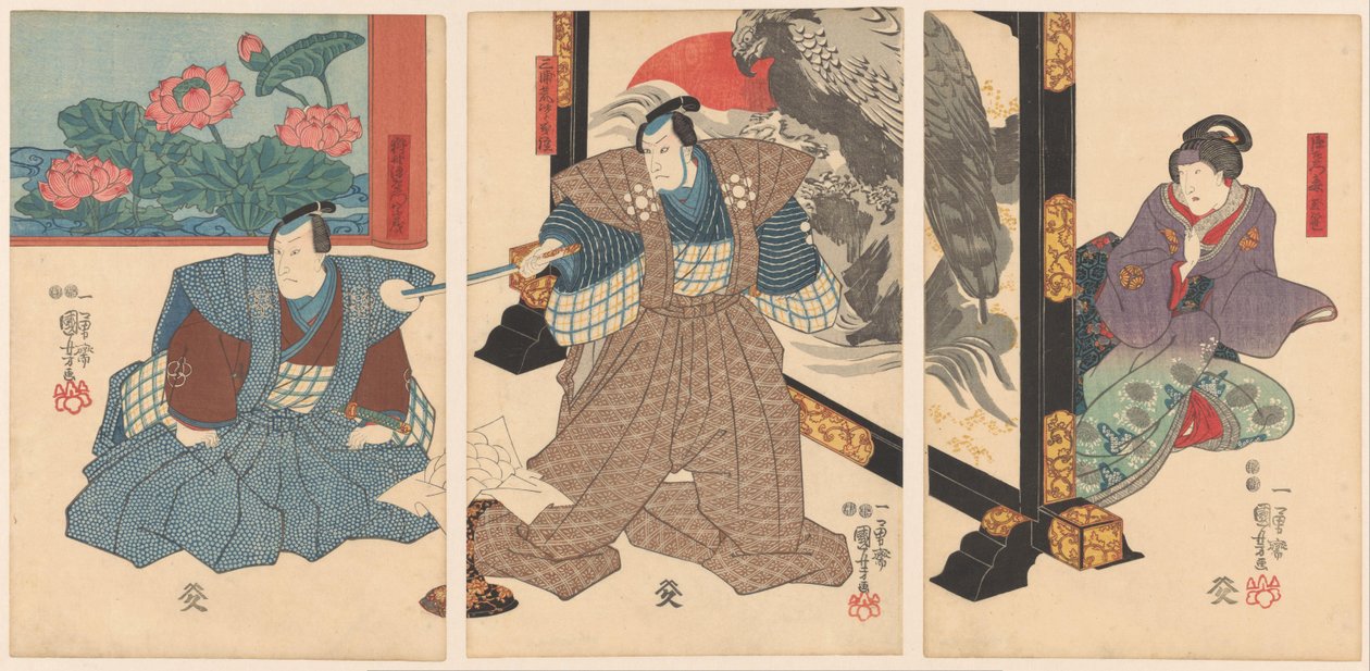 Tre skådespelare vid en hopfällbar skärm av Utagawa Kuniyoshi