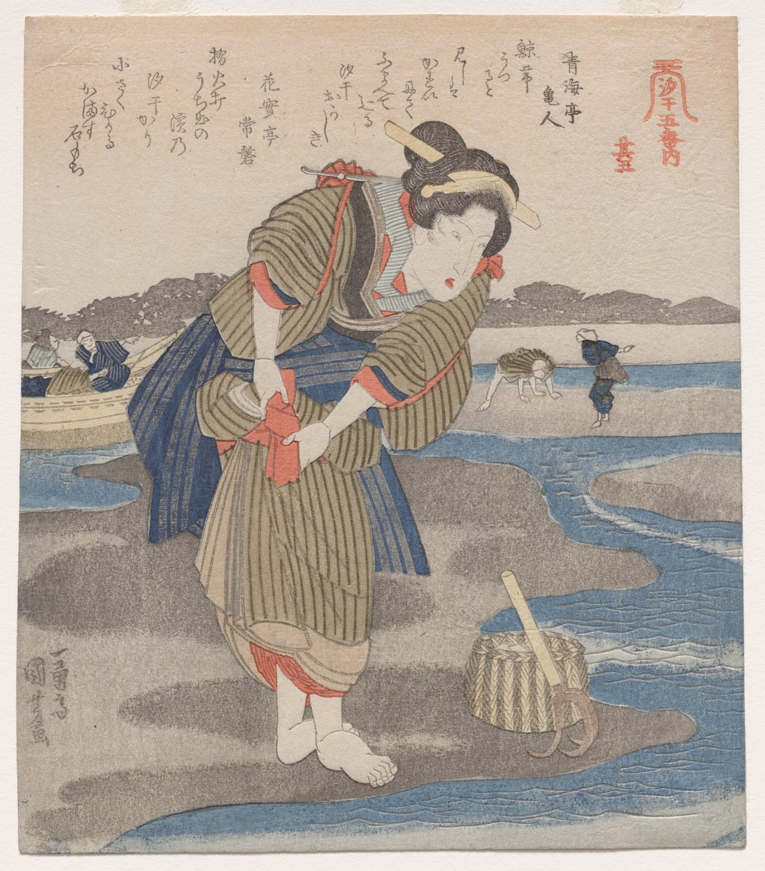Kvinna som fäster hennes kjolar; från serien Fem bilder av lågvatten av Utagawa Kuniyoshi