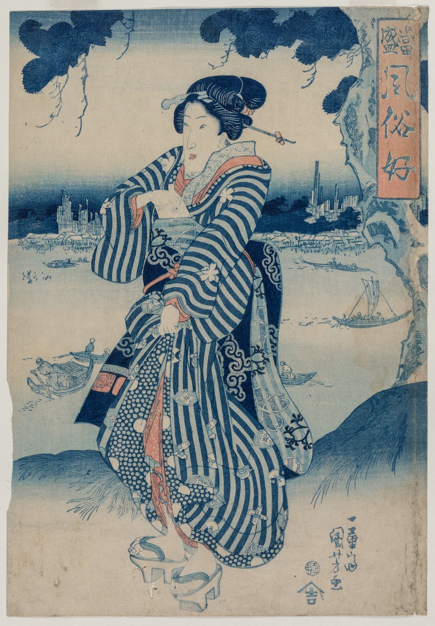 Geisha som står på stranden av Sumidafloden (från serien Människor som gillar det senaste modet och sederna) av Utagawa Kuniyoshi