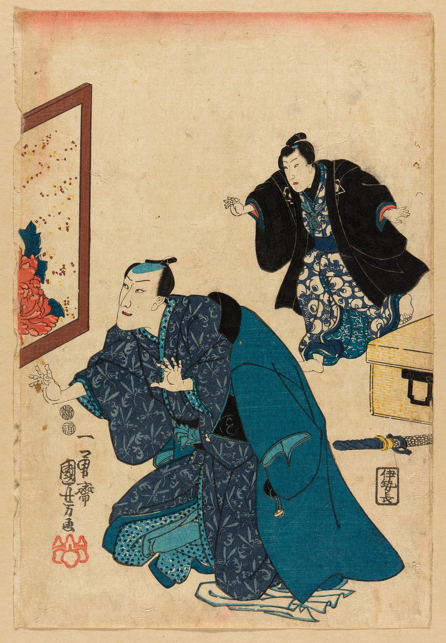 Ichikawa Danjuro VII framför en skärm dekorerad med pioner av Utagawa Kuniyoshi