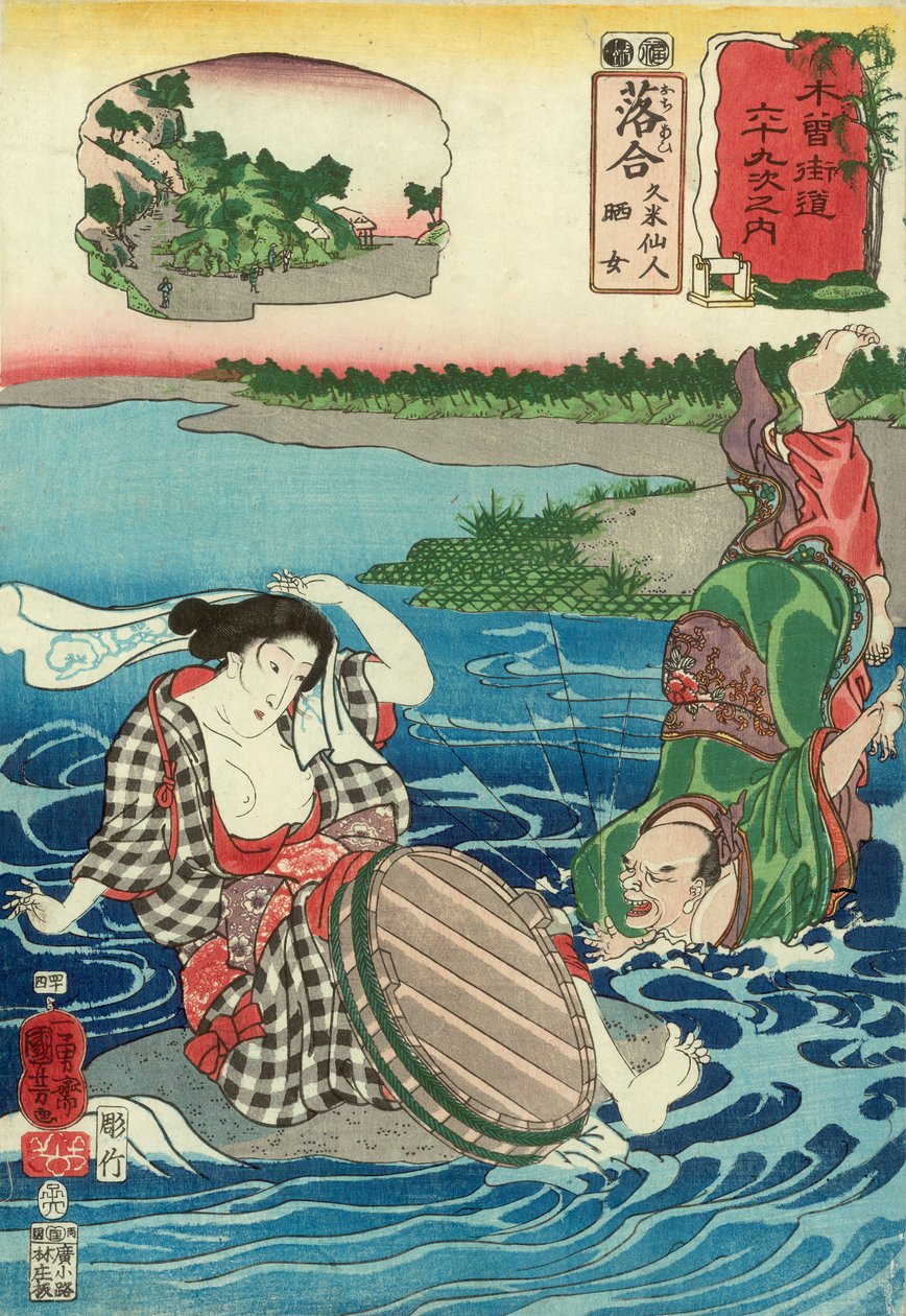 Kume Sennin faller i en flod vid åsynen av en barbröstad kvinna som hukar på en sten, Station 45, publicerad av Hayashi Shoehi (träblock i färg) av Utagawa Kuniyoshi