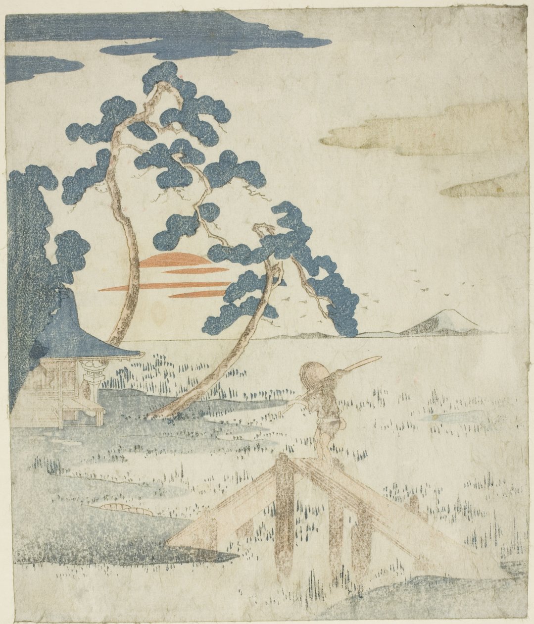 Man Crossing a Bridge as the Sun Rises, från en titellös utgåva (utan poesi) av illustrationerna till serien "Fem avtryck av berget Fuji (Fuji goban no uchi)" av Utagawa Kuniyoshi