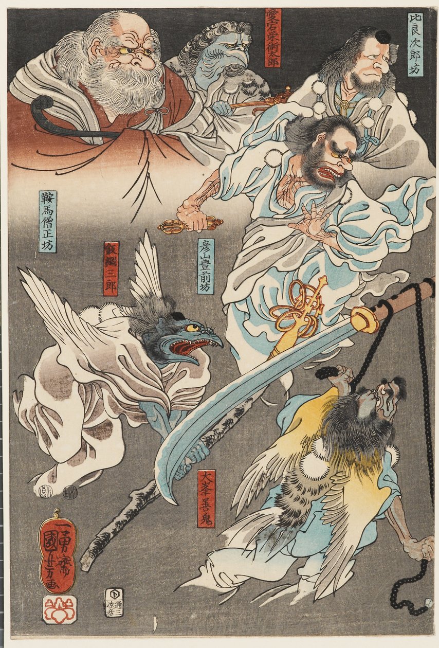 Minamoto Yoshitsune slåss mot Benkei på Gojō Bridge, med hjälp av tengu-demoner av Utagawa Kuniyoshi