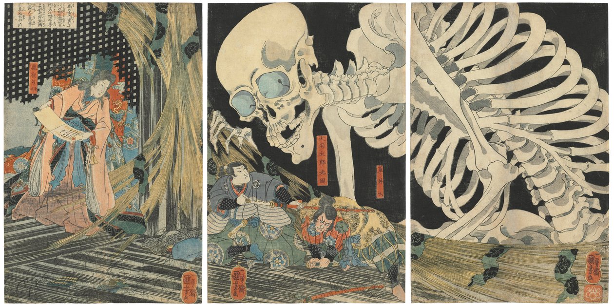 Mitsukuni trotsar skelettspöket som frammanats av prinsessan Takiyasha av Utagawa Kuniyoshi